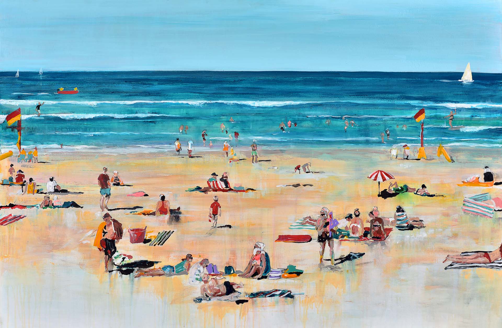 Painting of Oscar on the beach wearing a red rashie and black bathers walking towards the ocean