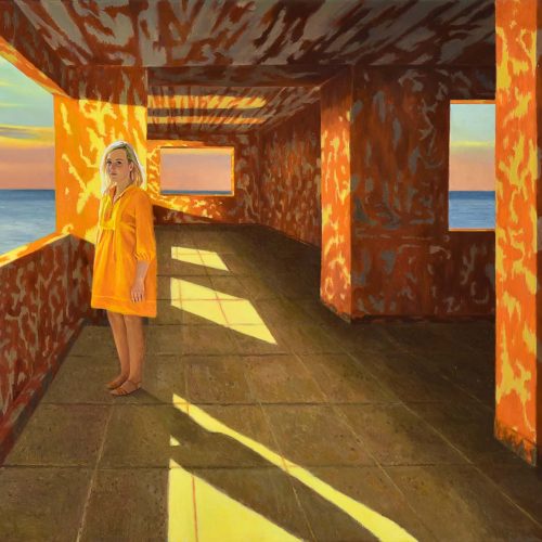 Painting by artist Kate McKay of a woman with blonde hair at an abandoned casino on the cliff edge as it meets the ocean with the light cascading down the rust coloured walls