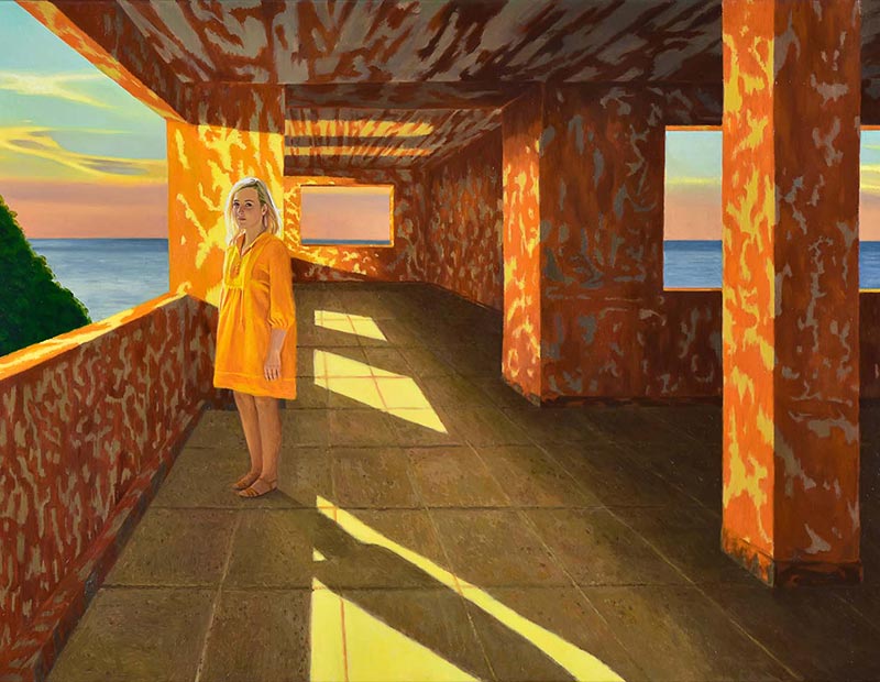 Painting by artist Kate McKay of a woman with blonde hair at an abandoned casino on the cliff edge as it meets the ocean with the light cascading down the rust coloured walls